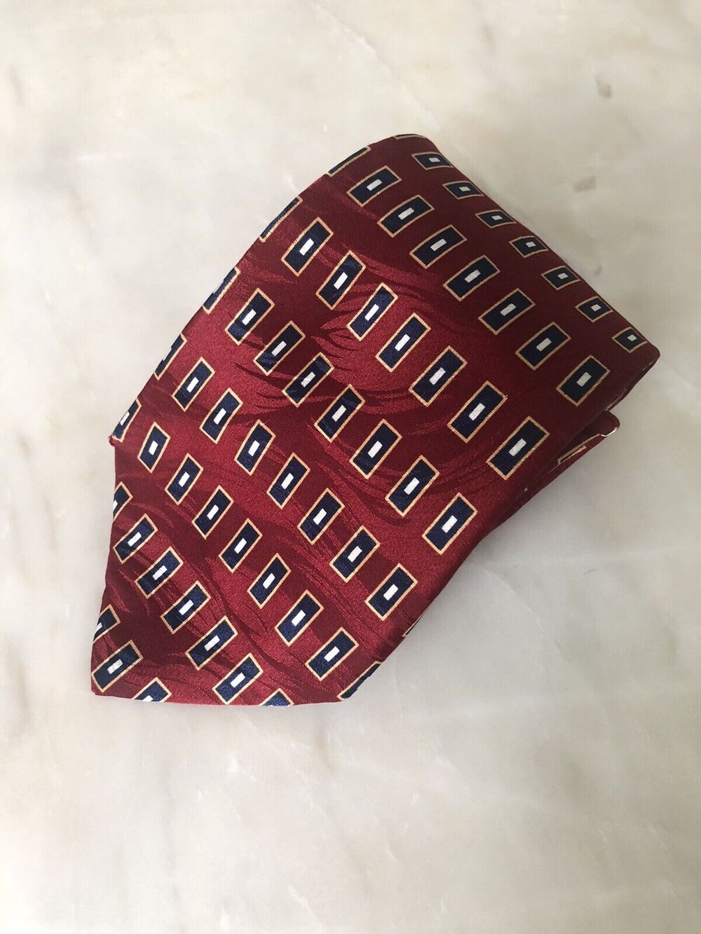 Umberto Bossi Silk Tie Gold Burgundy Red Black Geometric Men Necktie Italy 60x4
